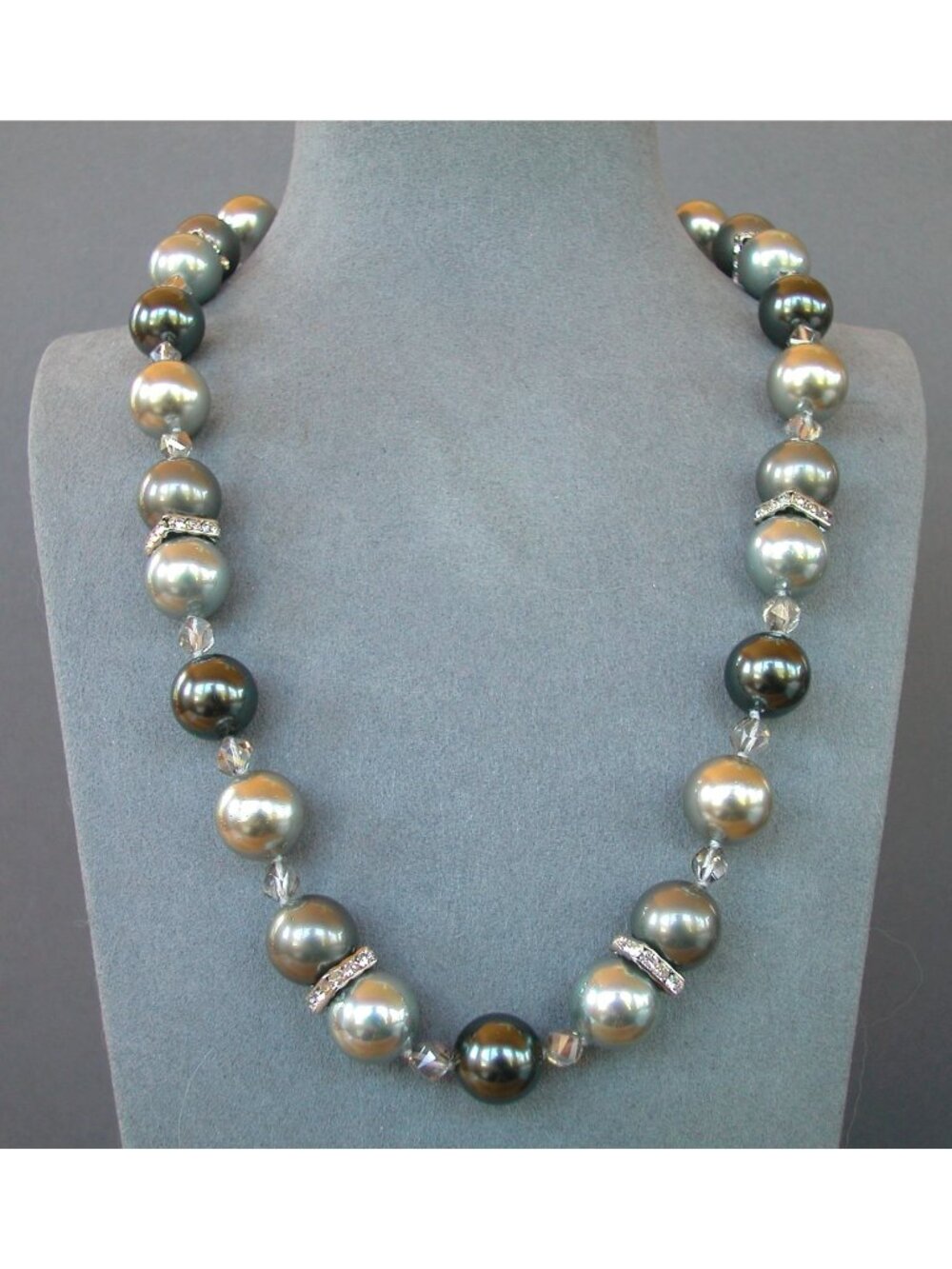 Statement Necklace Peacock-Hued Dark Pearls & Sparkling Crystal Spacer Bars